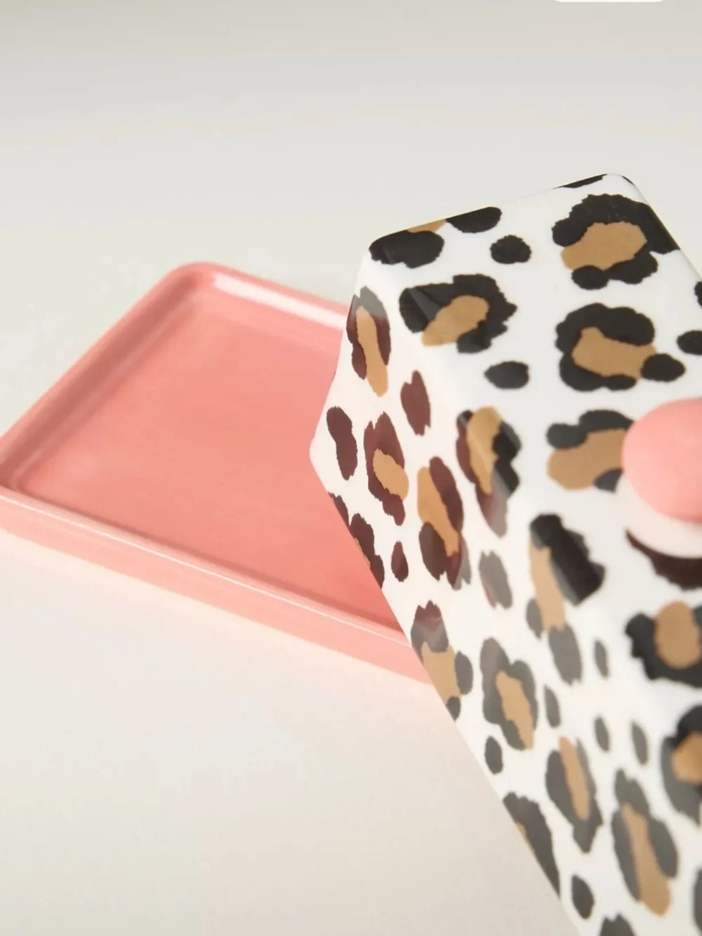 Anthropologie Leopard Print Stoneware Butter Dish with Pink Base and Knob - Picture 2 of 4